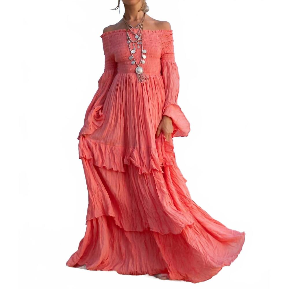 NEW ZINNIA PEARL women's sexy shoulders maxi dress in coral